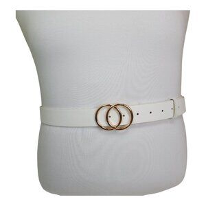 White Leather Belt With Gold Double O-Ring Buckle Extra Large Fits waist 37-45"